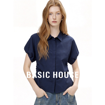 Basic House/百家好藏青色polo领简约衬衫女夏季收腰显瘦百搭衬衣