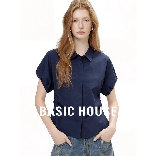 Basic House/百家好藏青色polo领简约衬衫女夏季收腰显瘦百搭衬衣
