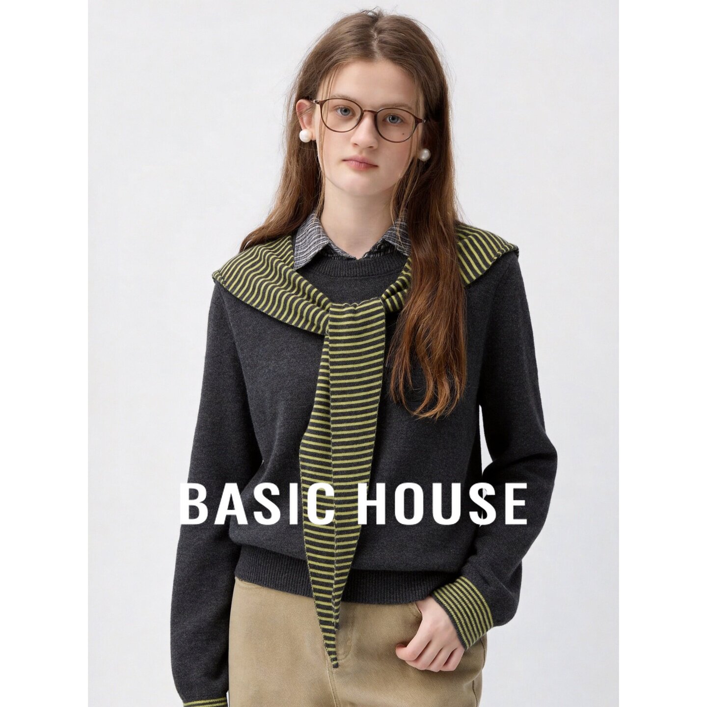 Basic House/百家好简约风条纹披肩式针织衫女深灰色宽松显瘦毛衣