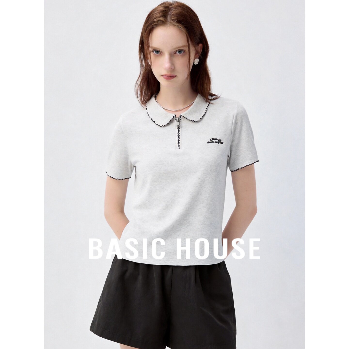 Basic House/百家好学院风波浪边娃娃领拉链T恤女夏显瘦短袖上衣