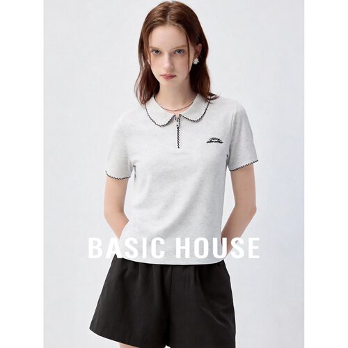 Basic House/百家好学院风波浪边娃娃领拉链T恤女夏显瘦短袖上衣