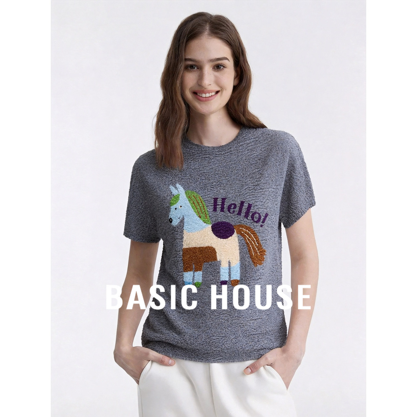 Basic House/百家好卡通印花短袖T恤女夏季圆领上衣个性趣味百搭
