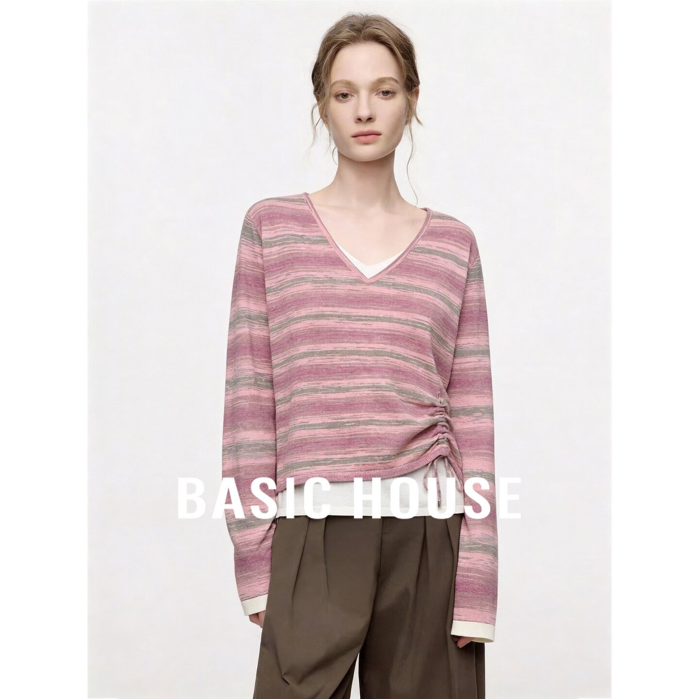 Basic House/百家好V领羊毛条纹针织衫宽松抽褶长袖韩版极简女秋