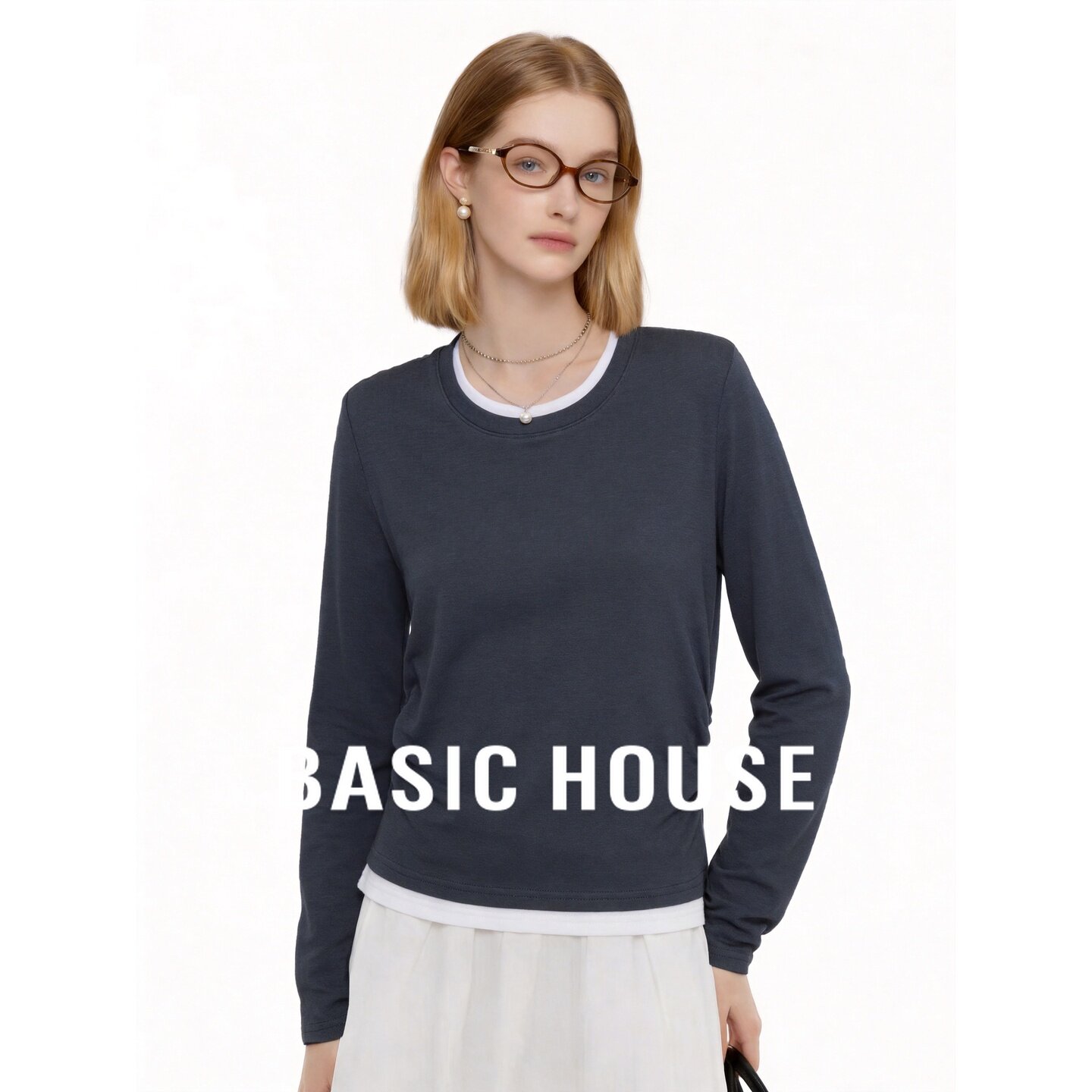 Basic House/百家好基础款莱赛尔羊毛拼接圆领薄款女长袖针织衫