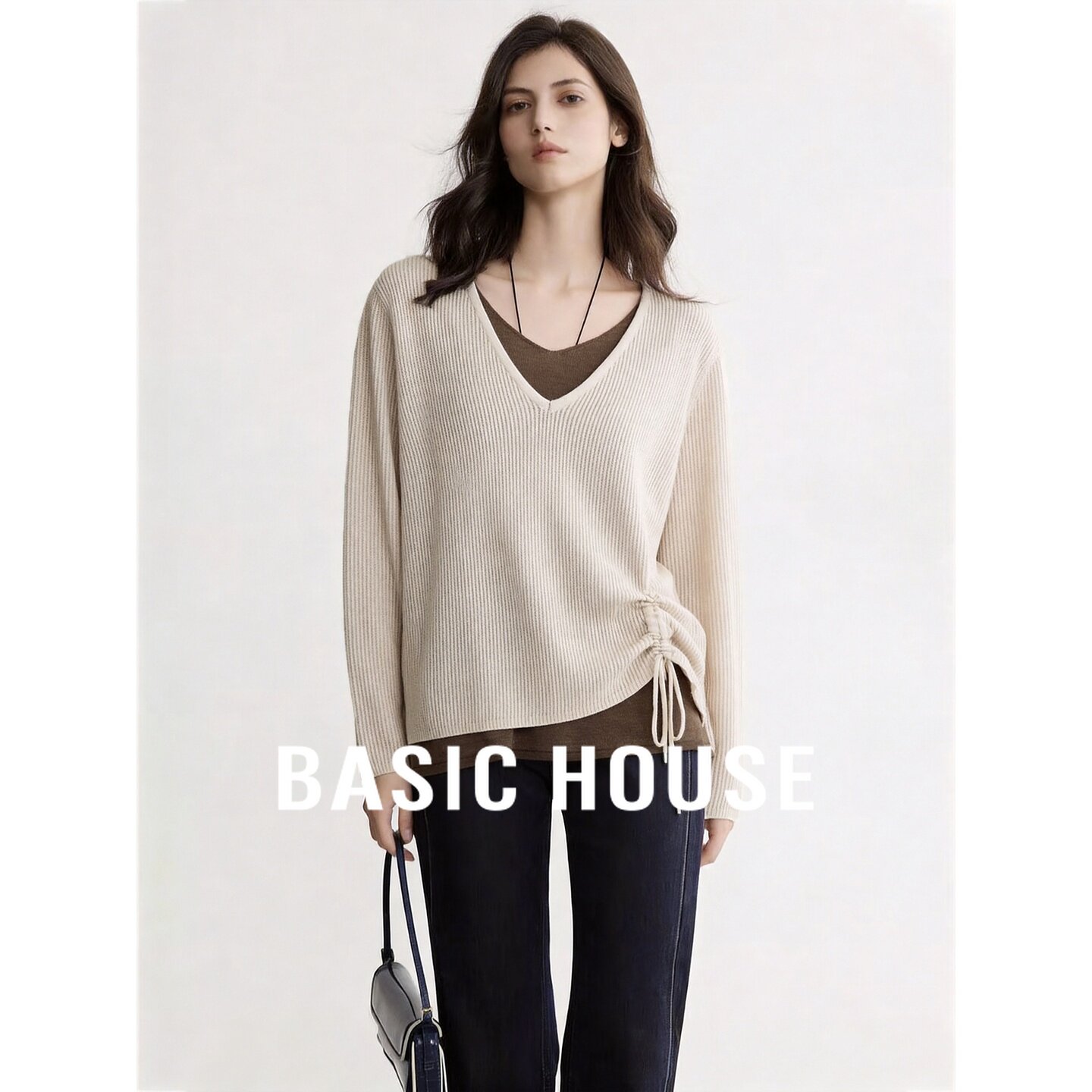 Basic House/百家好咖色V领假两件抽绳针织衫女秋显瘦设计感上衣