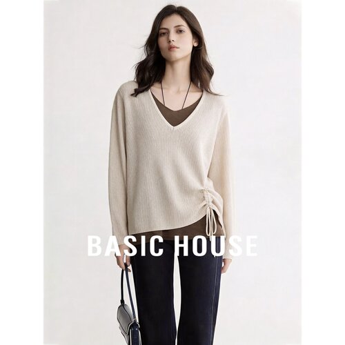 Basic House/百家好咖色V领假两件抽绳针织衫女秋显瘦设计感上衣