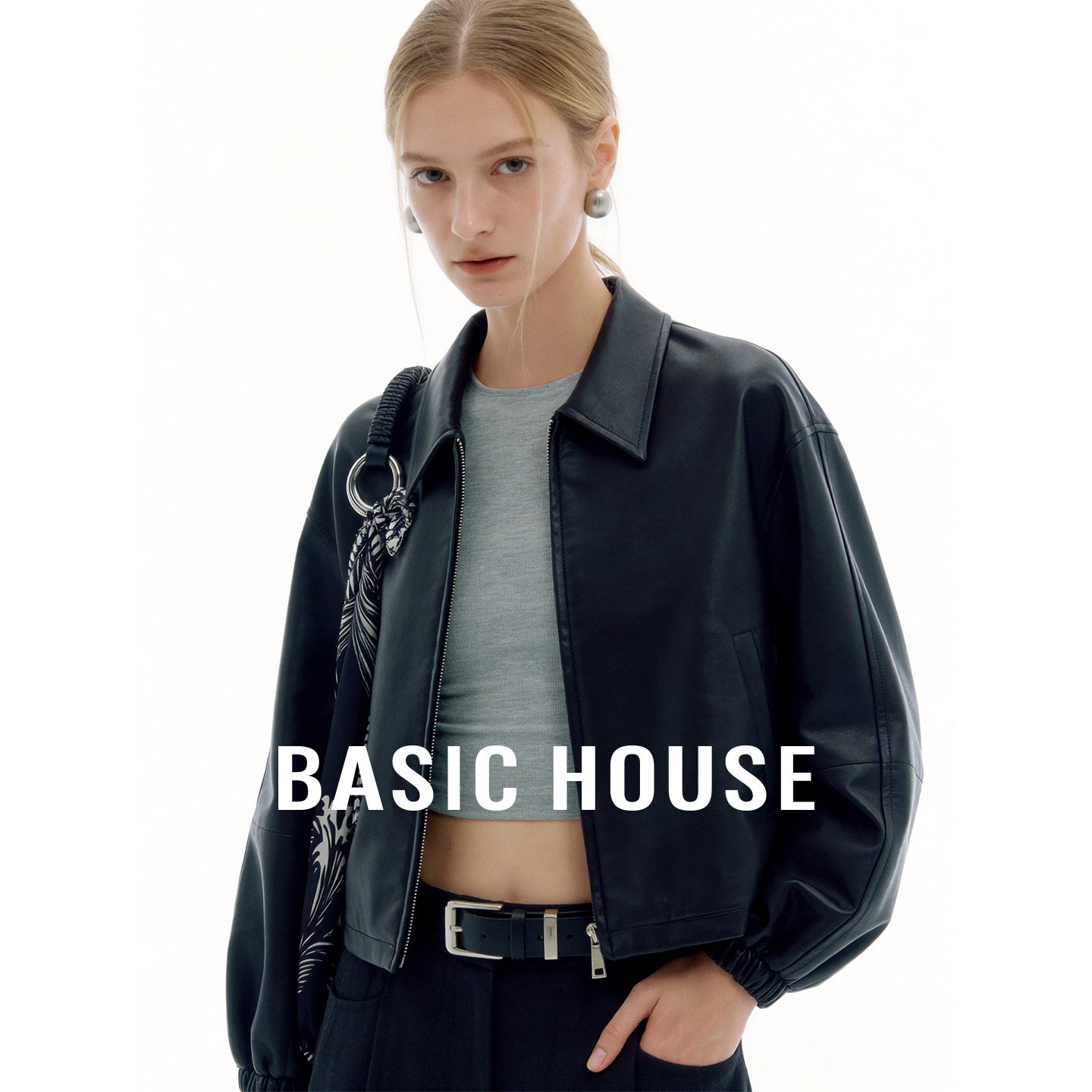 Basic House/百家好黑色翻领PU外套2026春季洋气宽松长袖夹克外套