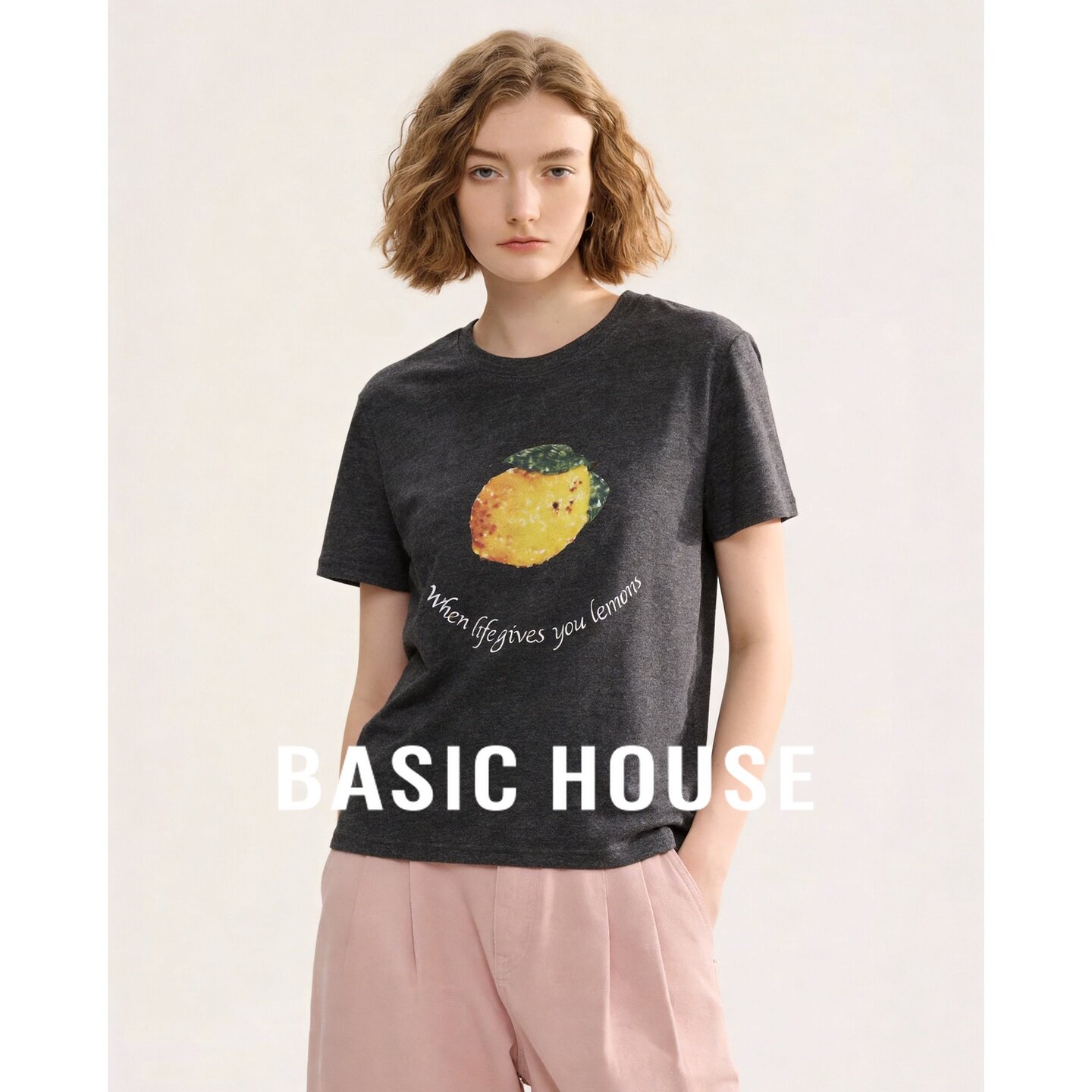 Basic House/百家好桑蚕丝柠檬印花短袖T恤女夏季莱赛尔圆领上衣