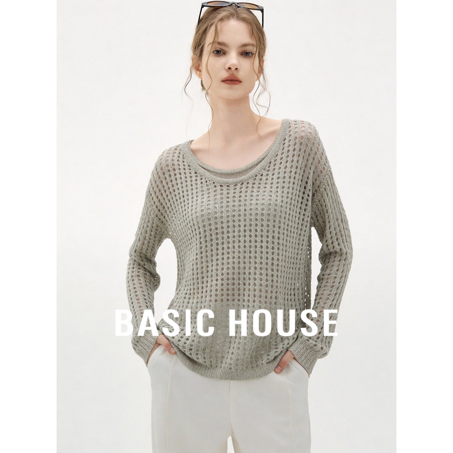 Basic House/百家好慵懒风灰色圆领镂空针织衫女设计舒适百搭毛衣