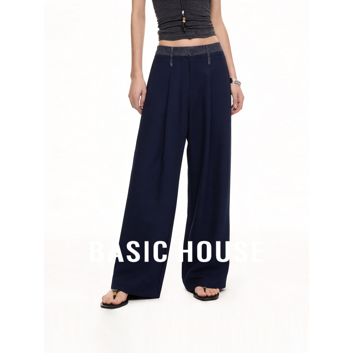 Basic House/百家好藏青色高腰阔腿裤女松弛感直筒西装百搭休闲裤