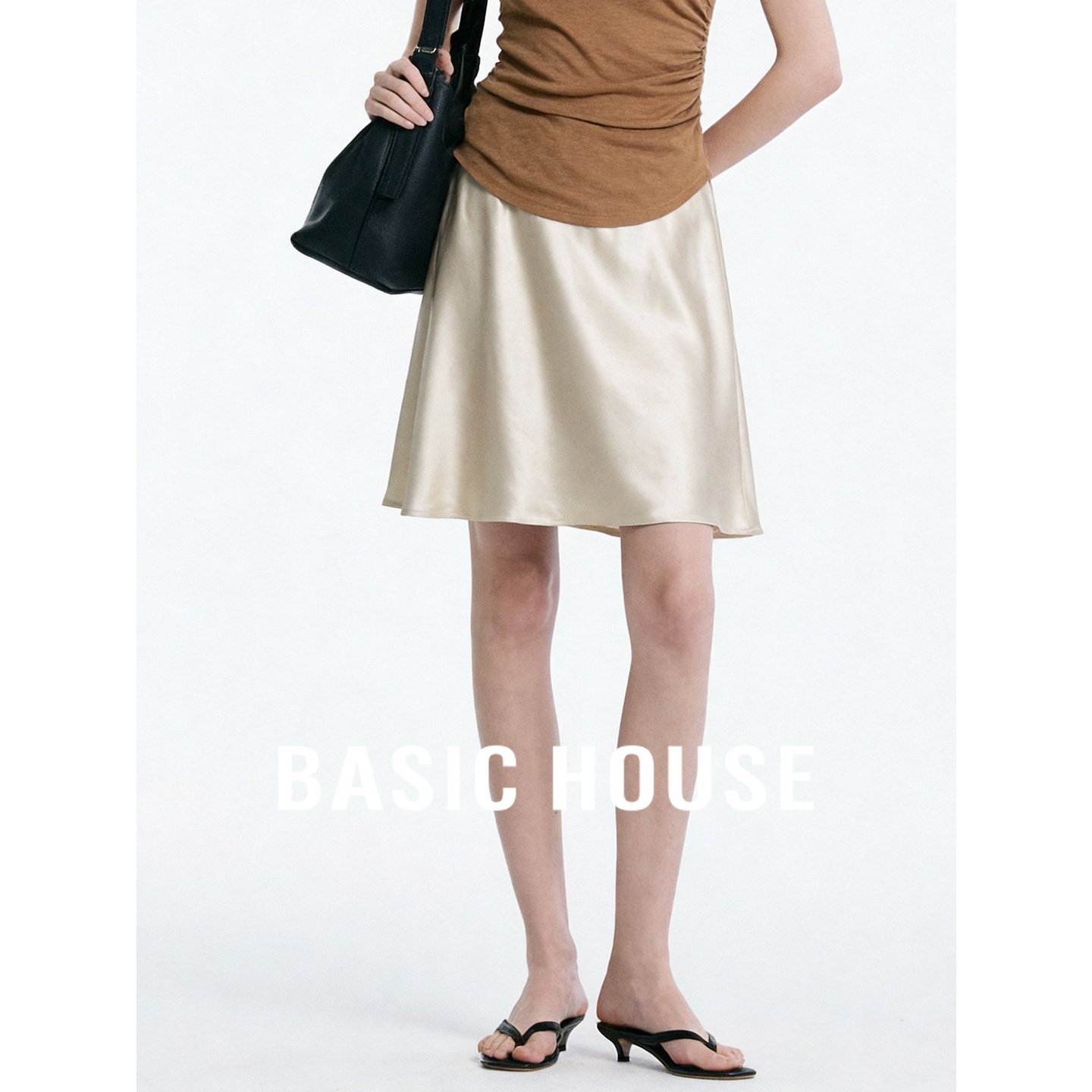 Basic House/百家好优雅缎面半身裙女夏高腰显瘦百搭A字气质短裙