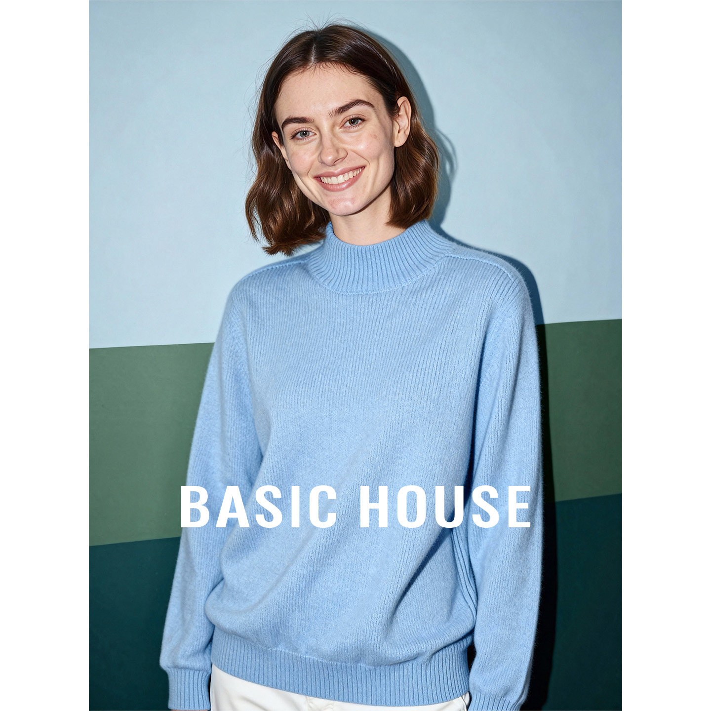 Basic House/百家好绵羊毛纯色宽松内搭上衣冬季新款半高领毛衣女