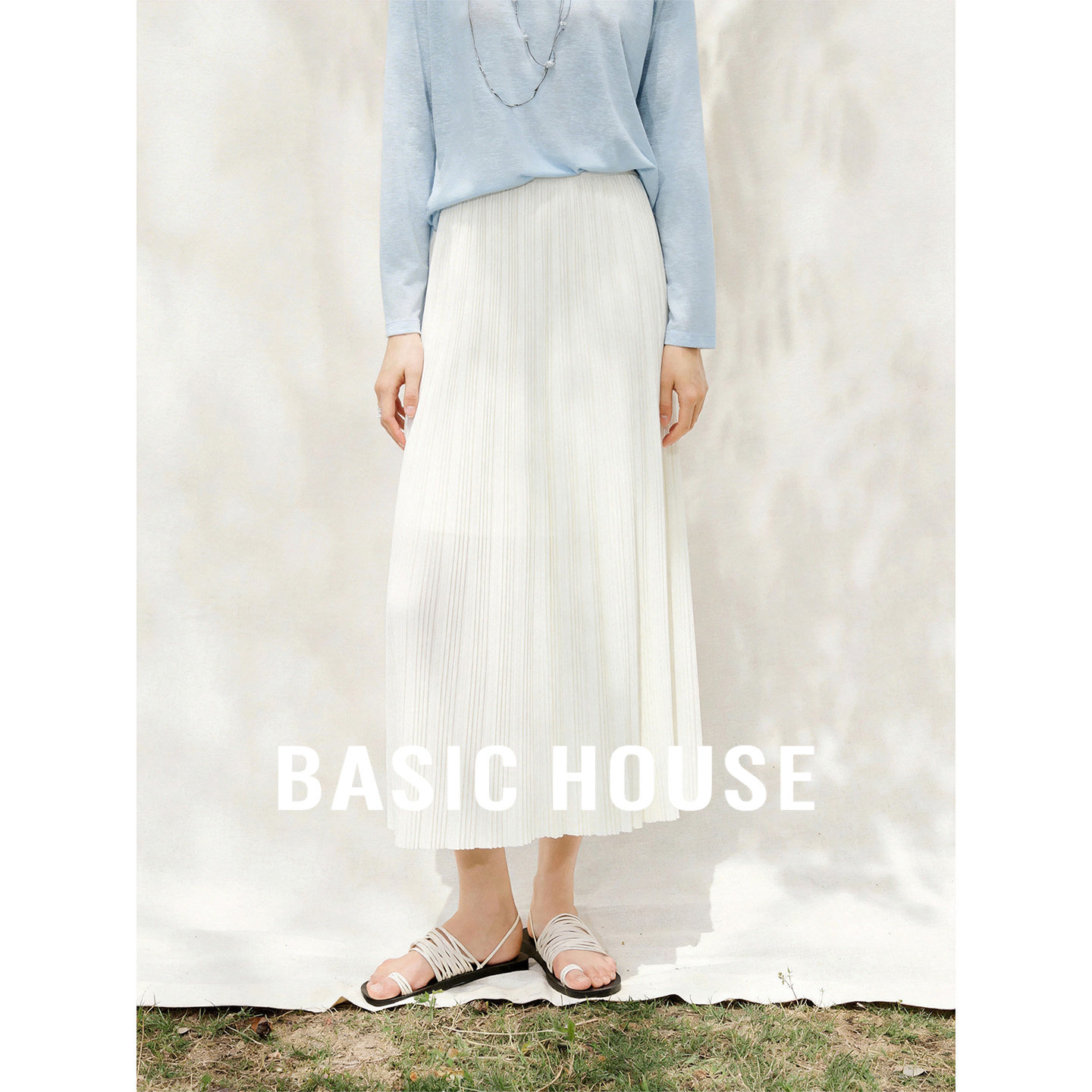 Basic House/百家好纯色高腰百褶长款半身裙女26夏新款垂感压褶裙