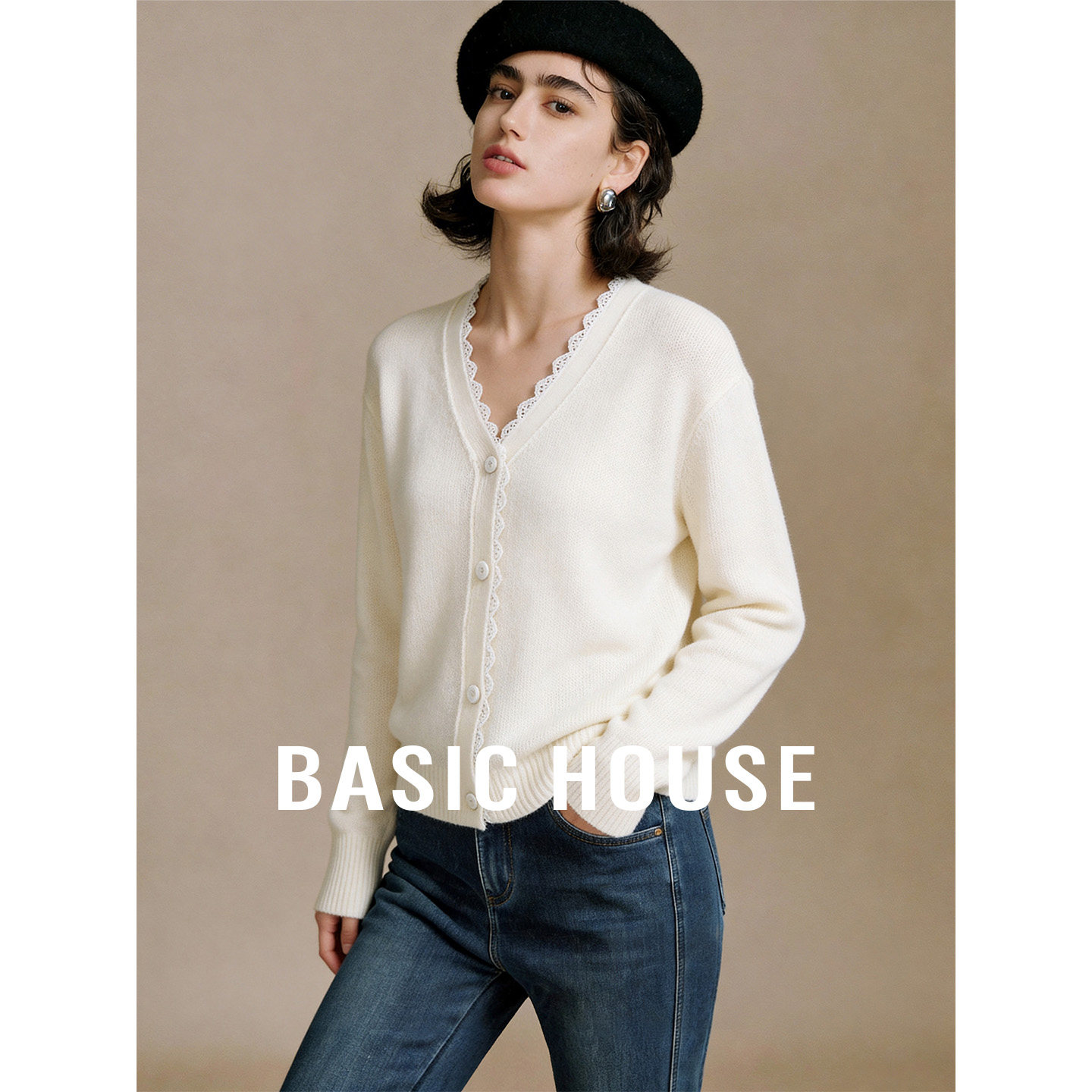 Basic House/百家好白色V领拼接蕾丝设计针织开衫女夏季百搭上衣