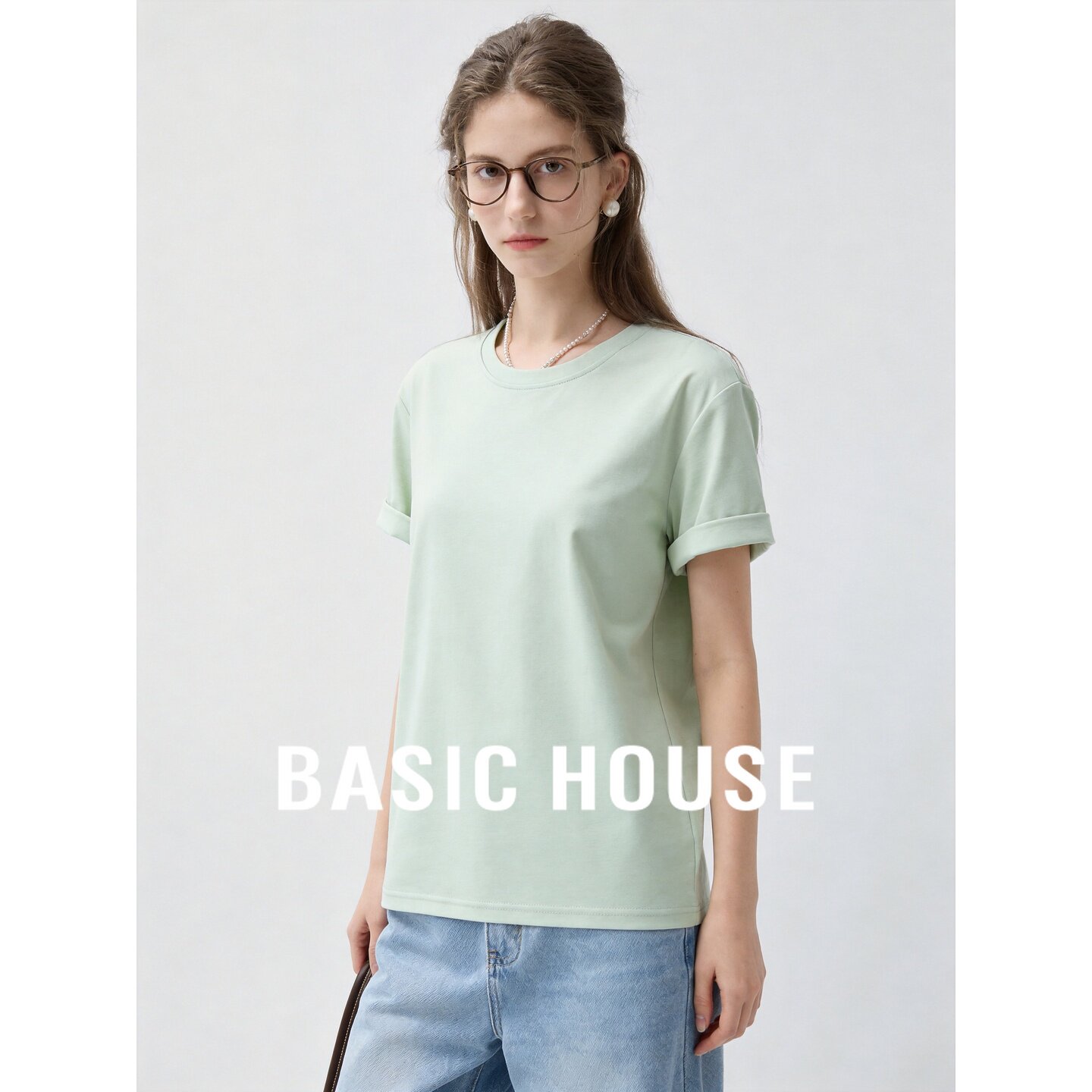 Basic House/百家好26新款基础款绿色短袖T恤女宽松显白简约上衣
