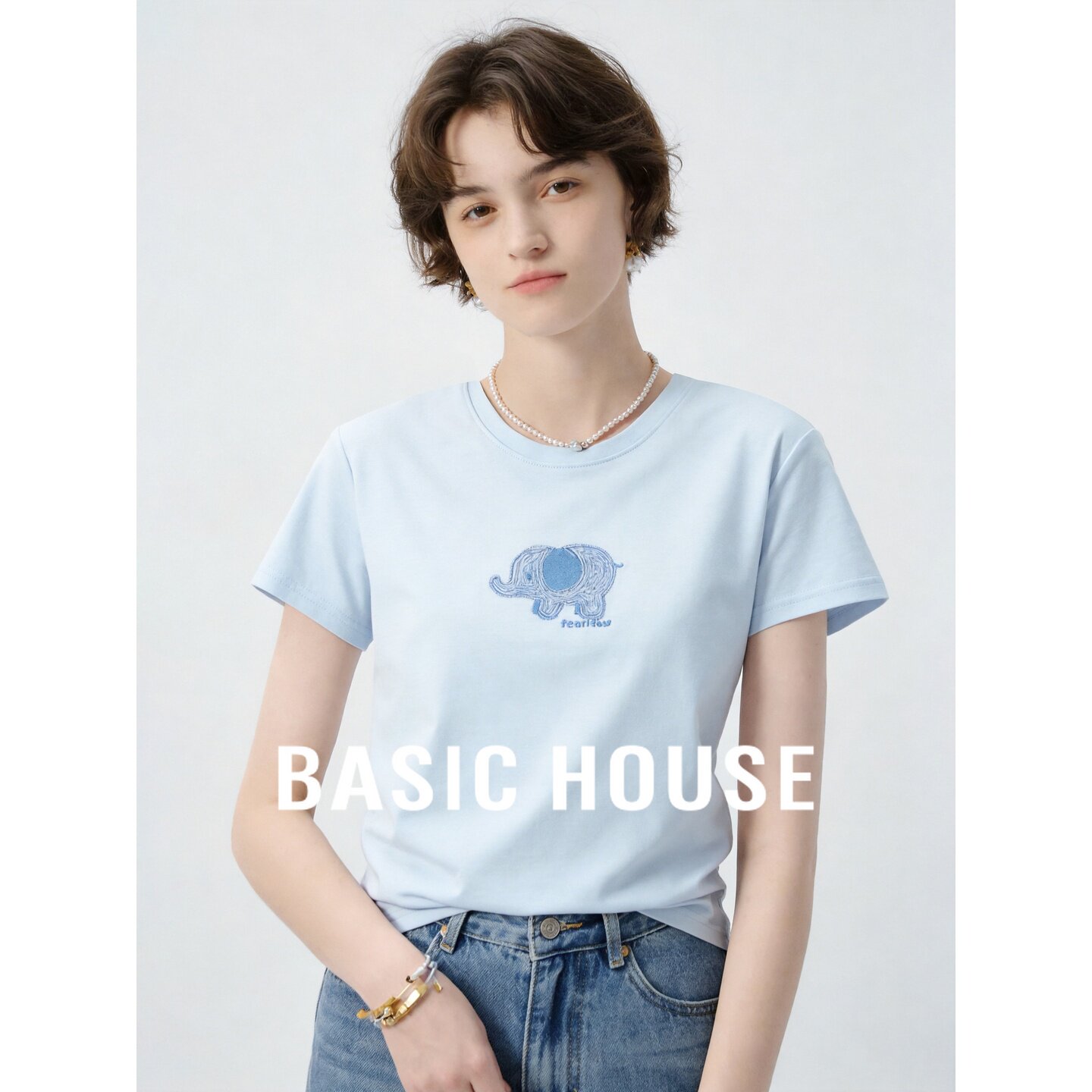 Basic House/百家好2026夏季新款蓝色圆领小象印花刺绣短袖T恤女