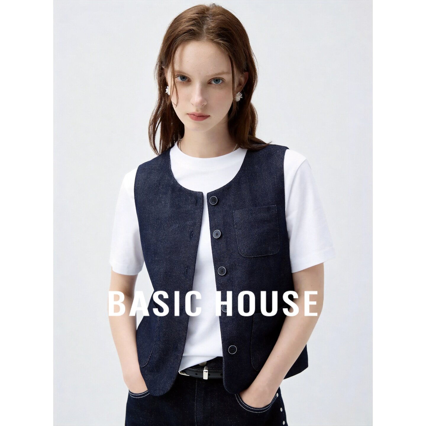 Basic House/百家好2026秋棉质藏蓝圆领排扣牛仔外穿无袖马甲背心