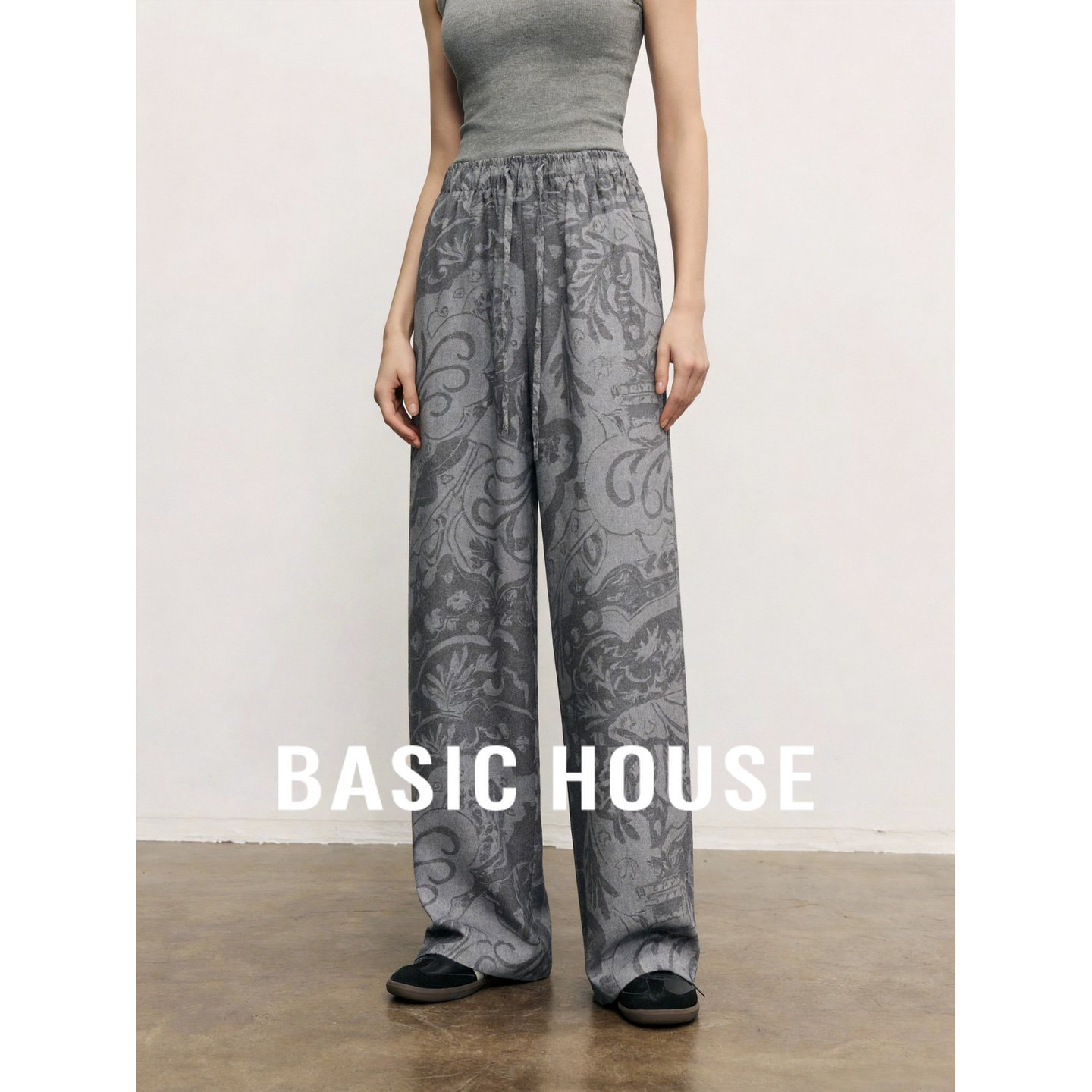 Basic House/百家好满印花中高腰阔腿裤女夏宽松莱赛尔亚麻休闲裤