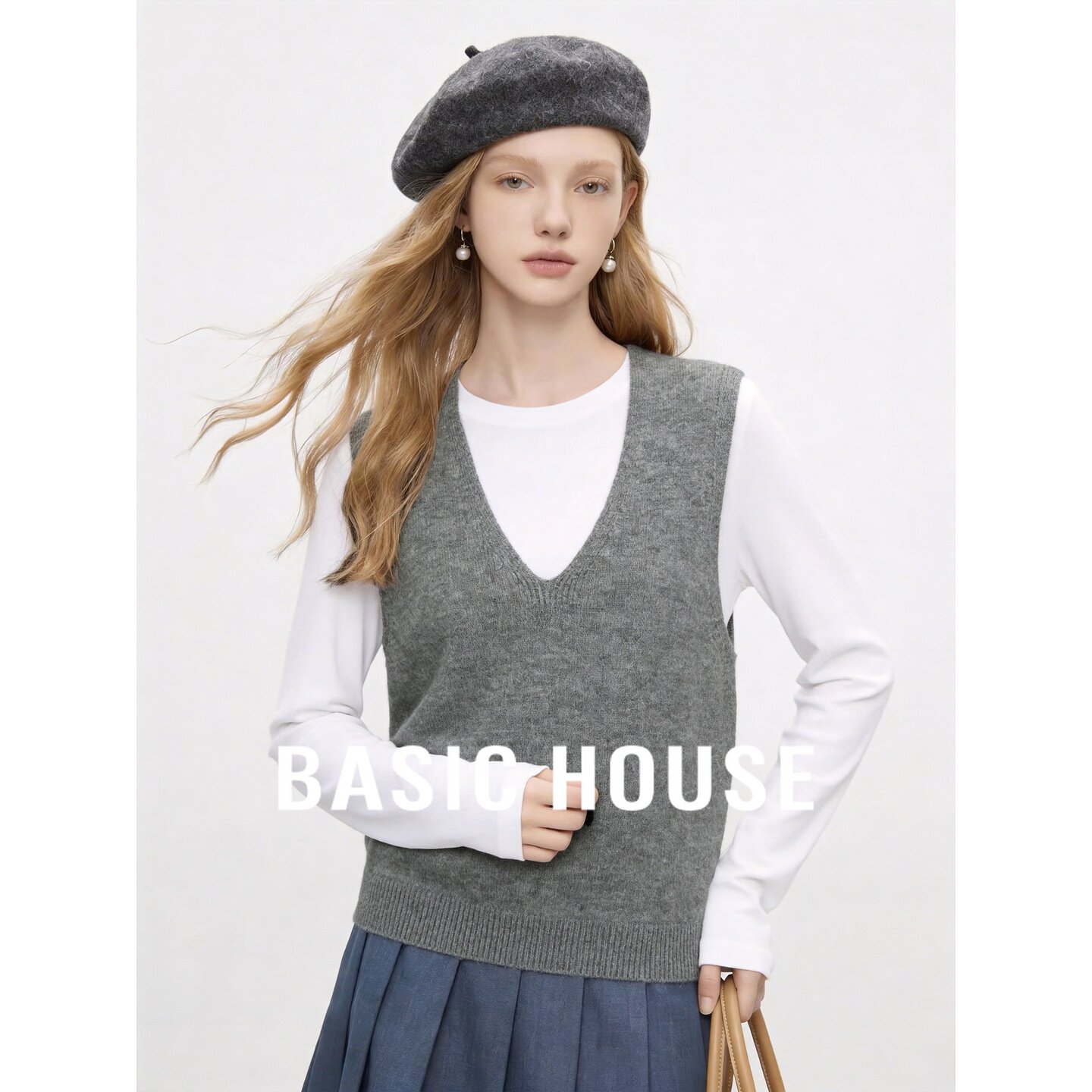 Basic House/百家好学院风V领无袖羊毛针织马甲女秋百搭叠穿背心