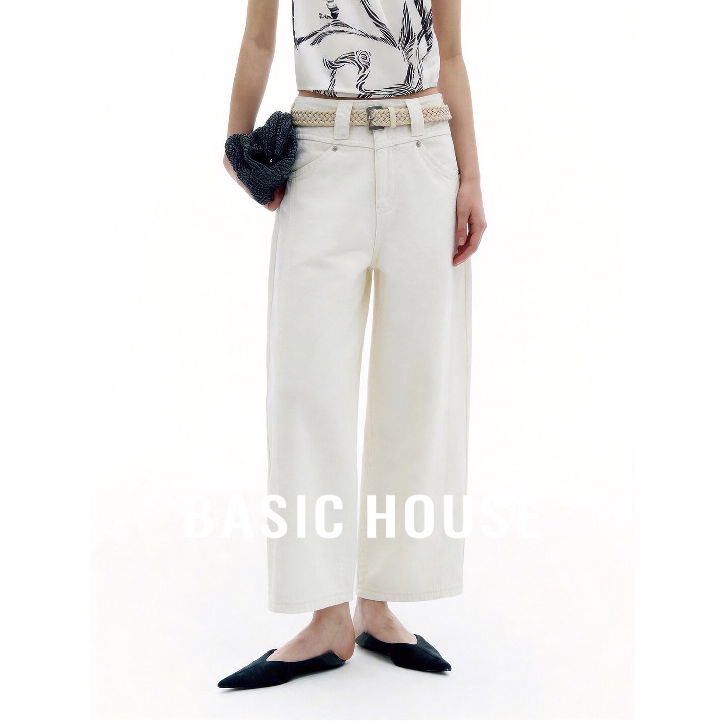 Basic House/百家好白色高腰阔腿牛仔裤女宽松显瘦百搭纯棉休闲裤