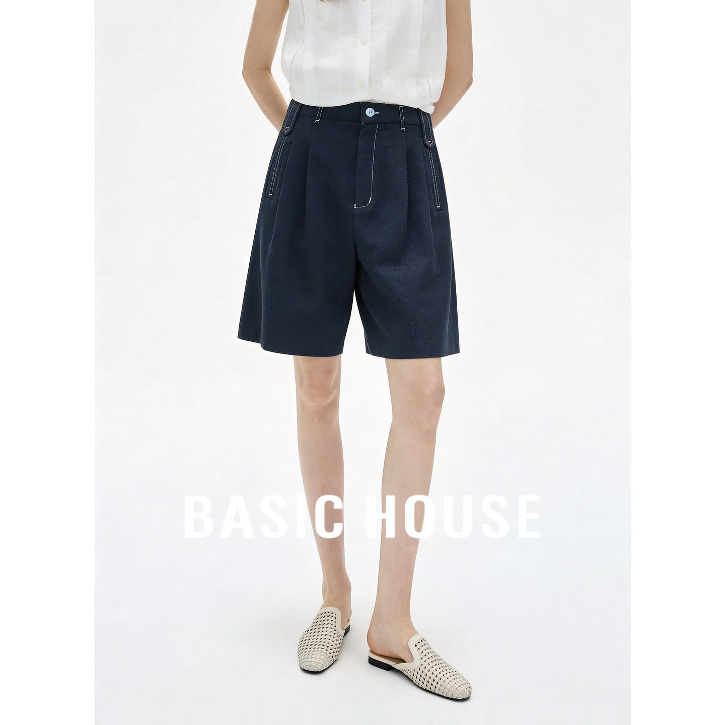 Basic House/百家好高腰阔腿短裤亚麻莱赛尔女夏季通勤极简深蓝色