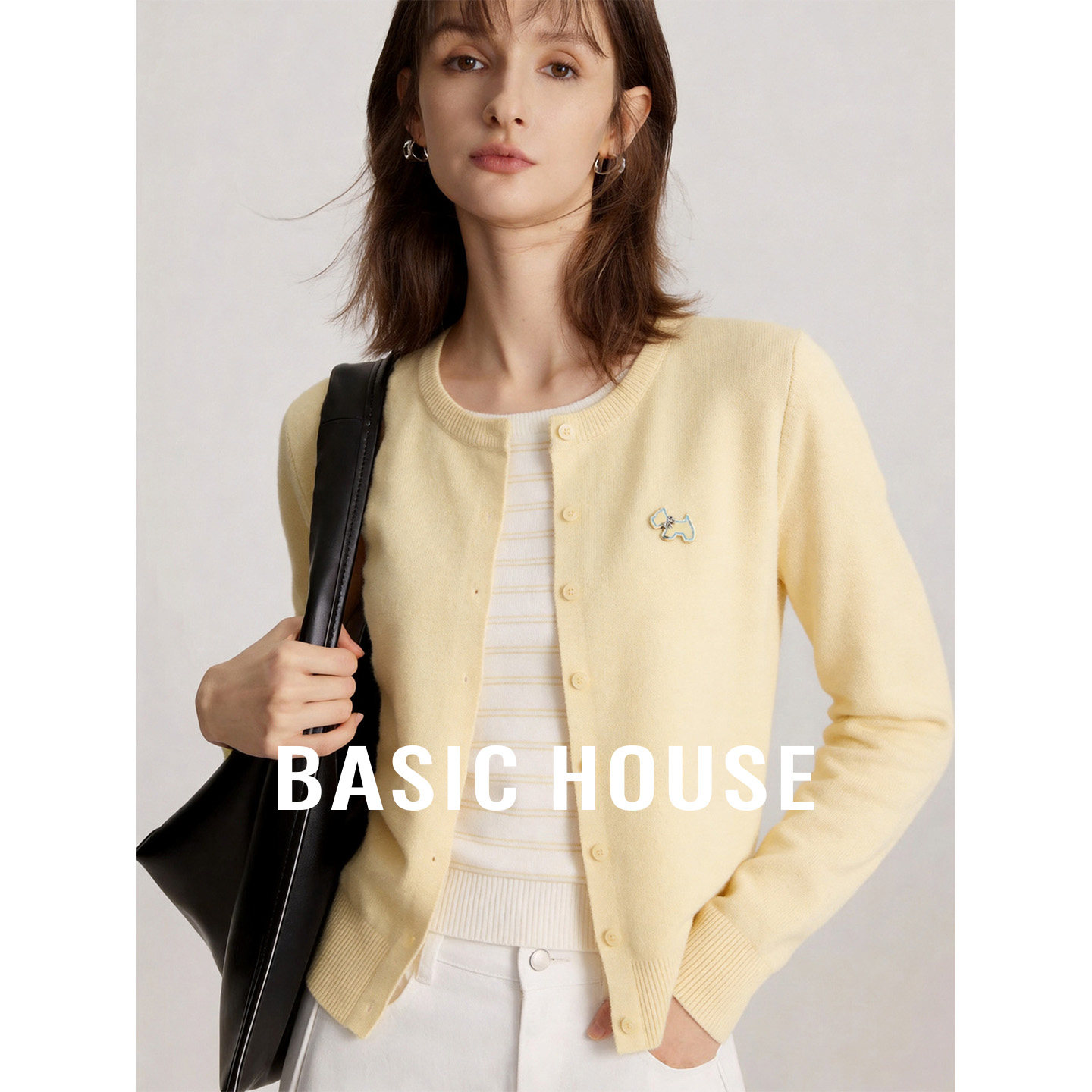 Basic House/百家好假两件针织开衫女条纹拼接温柔风显瘦长袖上衣