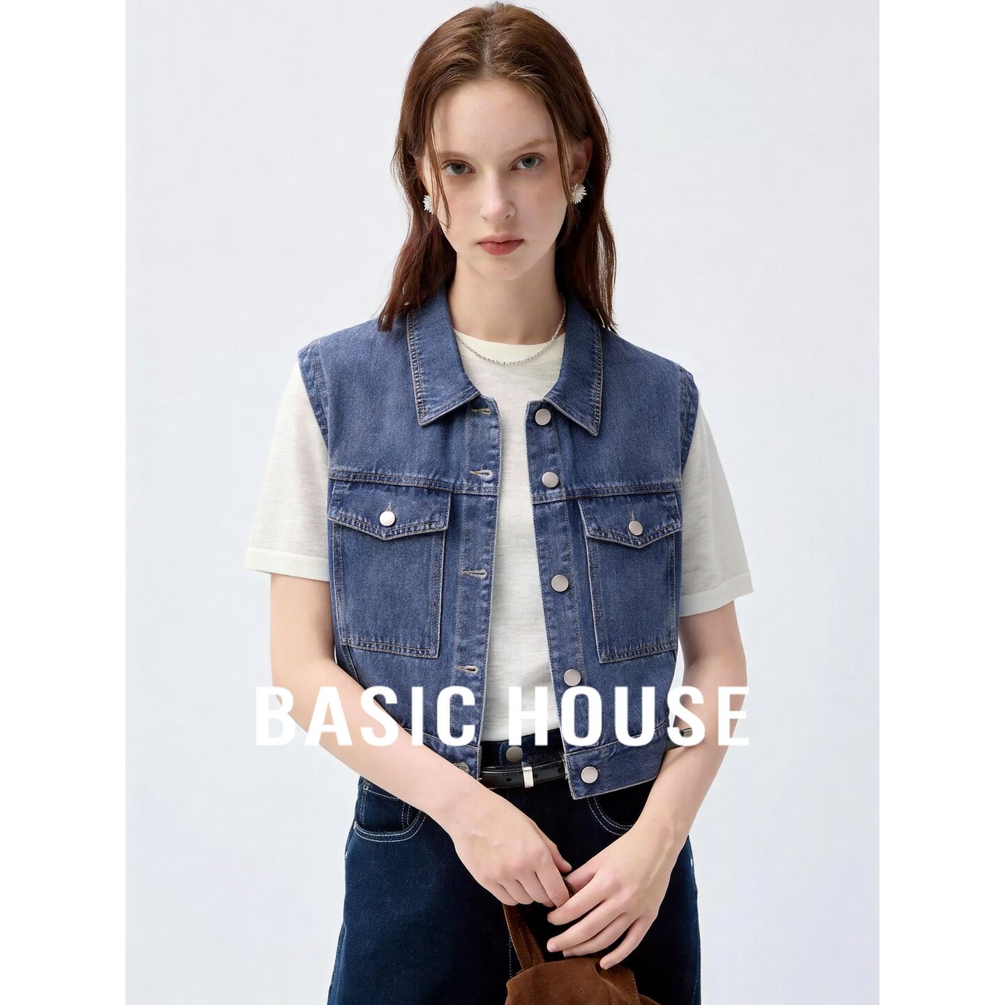 Basic House/百家好深蓝色翻领牛仔上衣女夏新款时尚百搭显瘦马甲