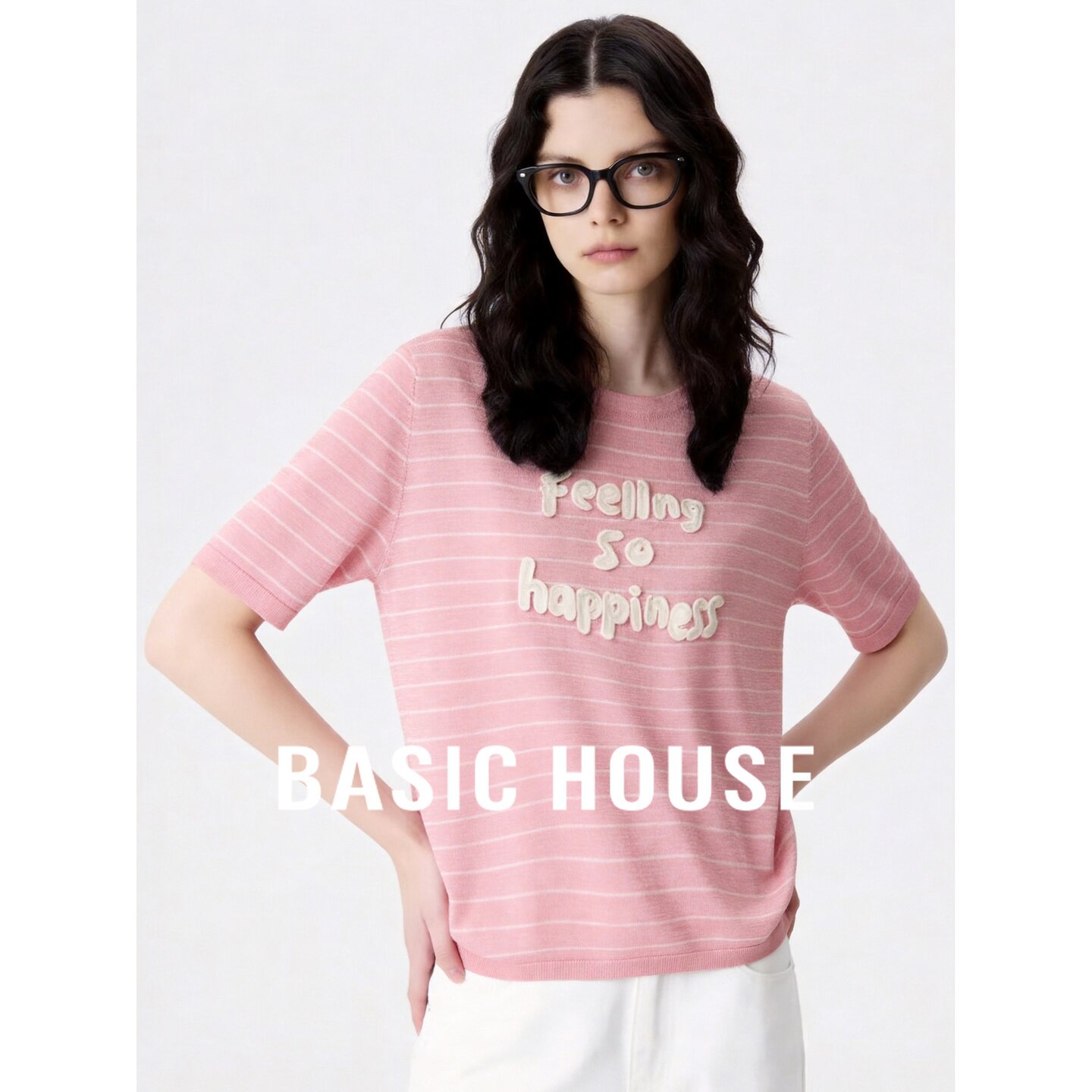 Basic House/百家好粉色肌理感字母针织衫小众设计感条纹T恤夏季