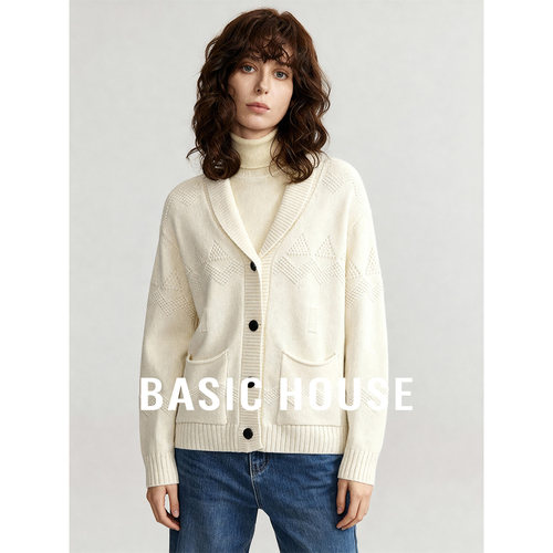 Basic House/百家好秋冬新款纯色宽松毛衣开衫女保暖百搭简约上衣