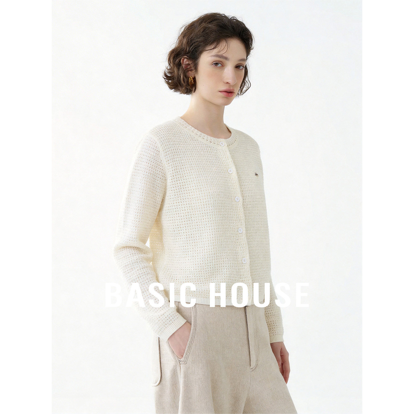 Basic House/百家好纯色圆领镂空针织开衫新款莱赛尔宽松外搭上衣