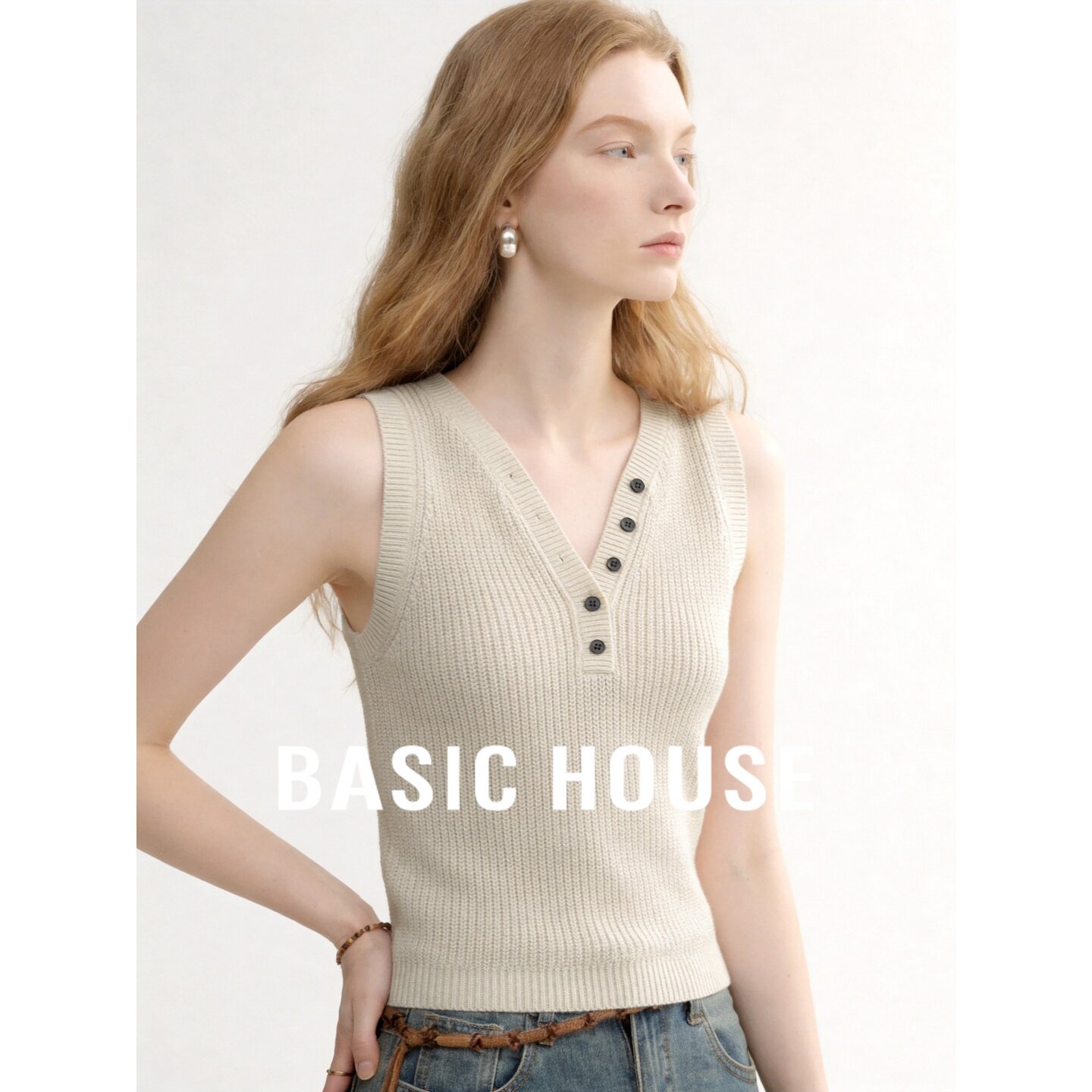 Basic House/百家好极简风V领纽扣纯棉马甲无袖背心显瘦百搭上衣