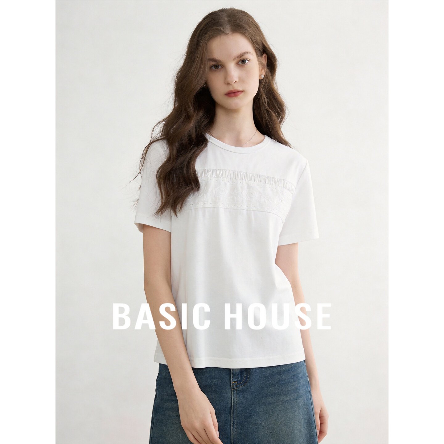 Basic House/百家好白色蕾丝拼接短袖T恤女2026夏季全面舒适上衣
