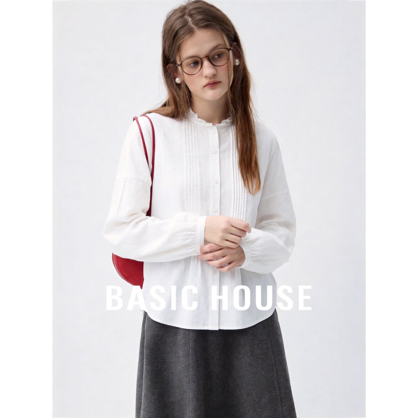 Basic House/百家好法式通勤风褶皱肌理纯棉木耳边长袖衬衫女百搭