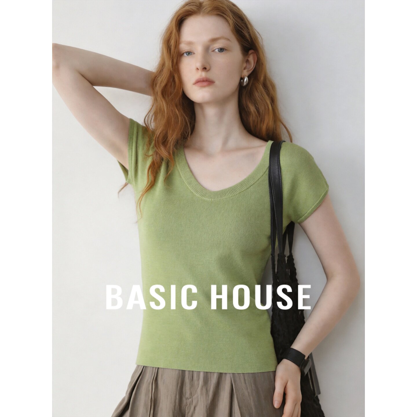 Basic House/百家好绿色显白短袖针织衫女2026夏季莱赛尔舒适上衣