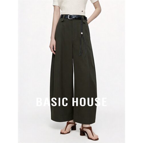 Basic House/百家好垂感军绿色阔腿裤女秋季高腰宽松带腰带休闲裤