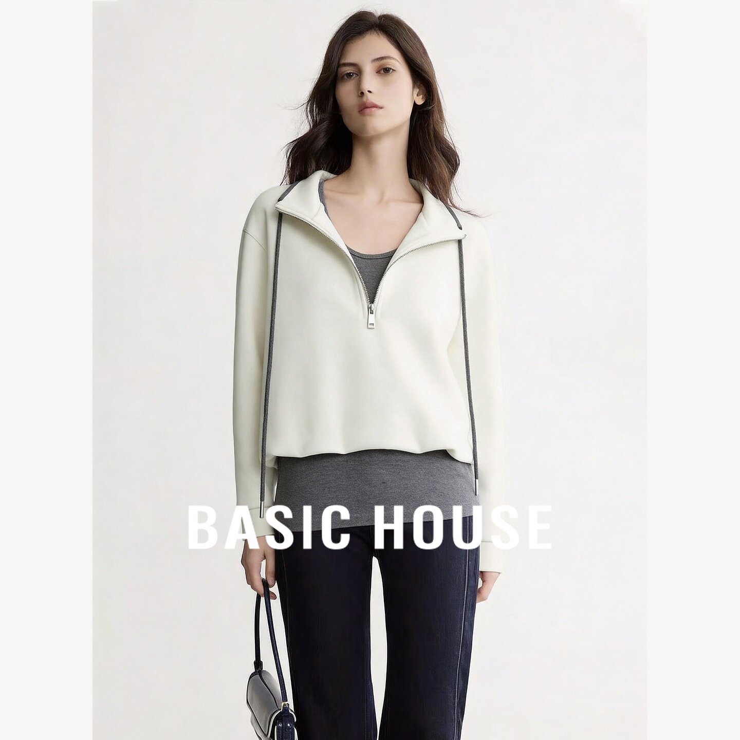 Basic House/百家好半拉链大翻领假两件设计感卫衣女宽松休闲上衣