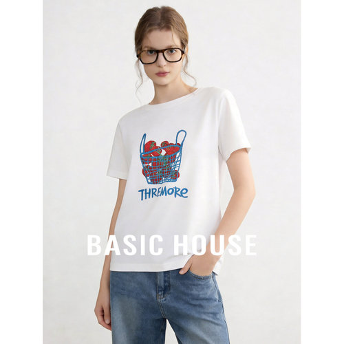 Basic House/百家好韩系简约正肩短袖T恤女2026夏季白色休闲上衣
