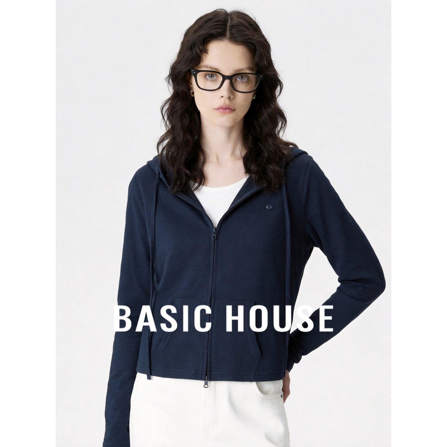 Basic House/百家好藏青假两件连帽双拉链卫衣女休闲薄款开衫外套