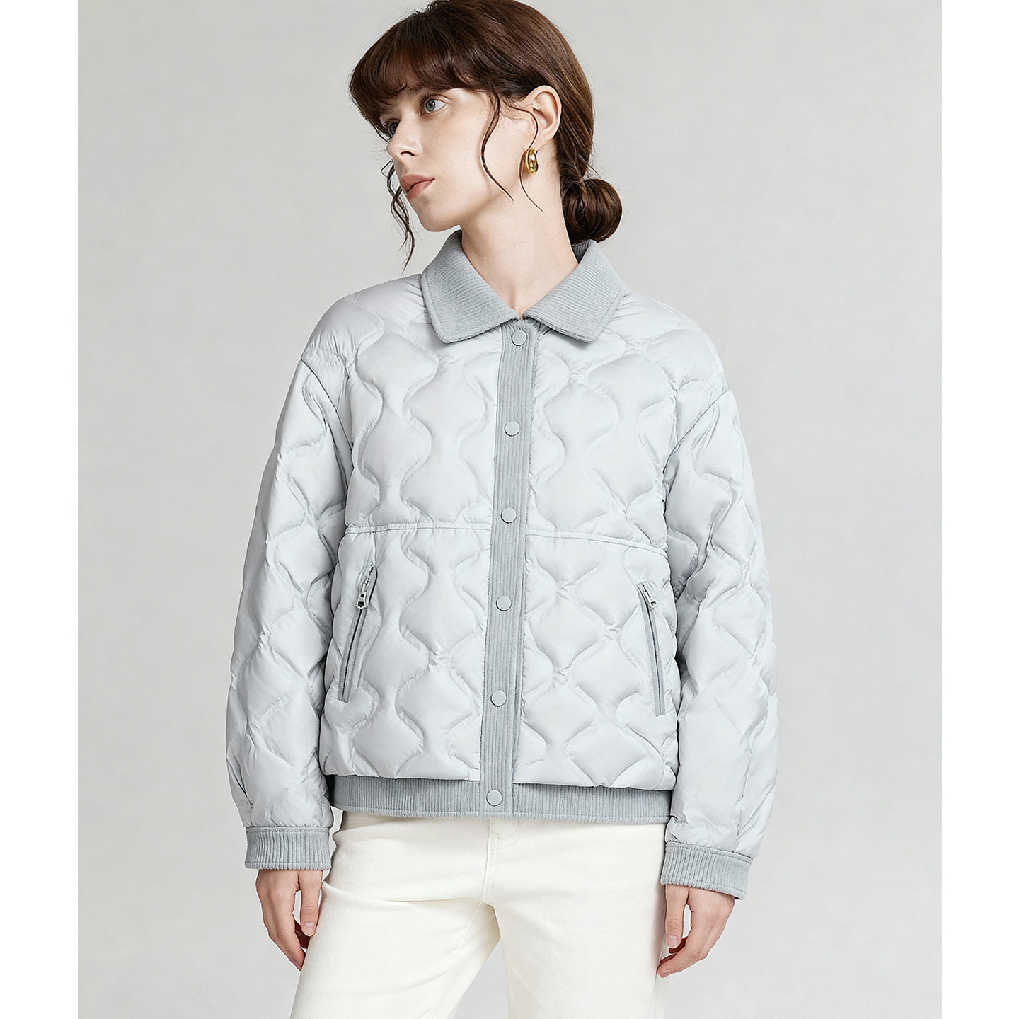 Basic House/百家好25翻领纯色鸭绒羽绒服女秋冬保暖短款简约外套