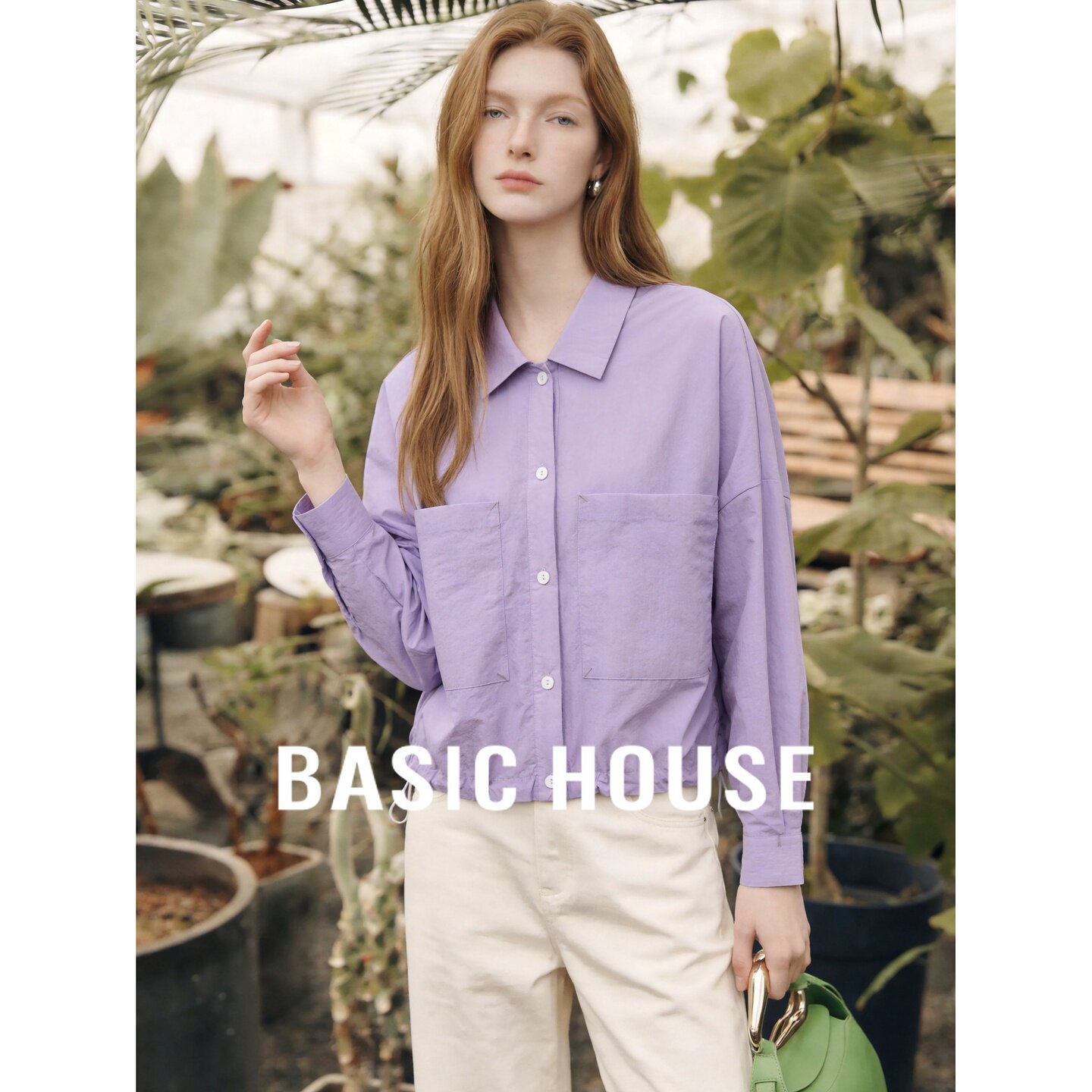 Basic House/百家好紫色翻领下摆抽绳设计衬衫女夏季简约舒适上衣