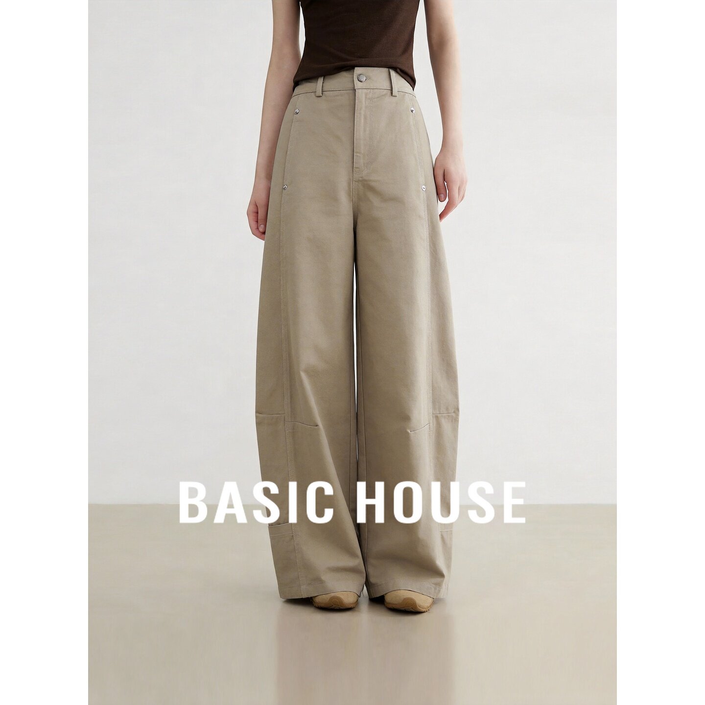 Basic House/百家好通勤风高腰阔腿裤女秋卡其色显瘦百搭休闲长裤