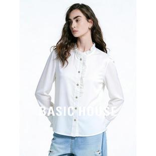 Basic House/百家好白色法式荷叶边设计衬衫女春基础内搭叠穿上衣