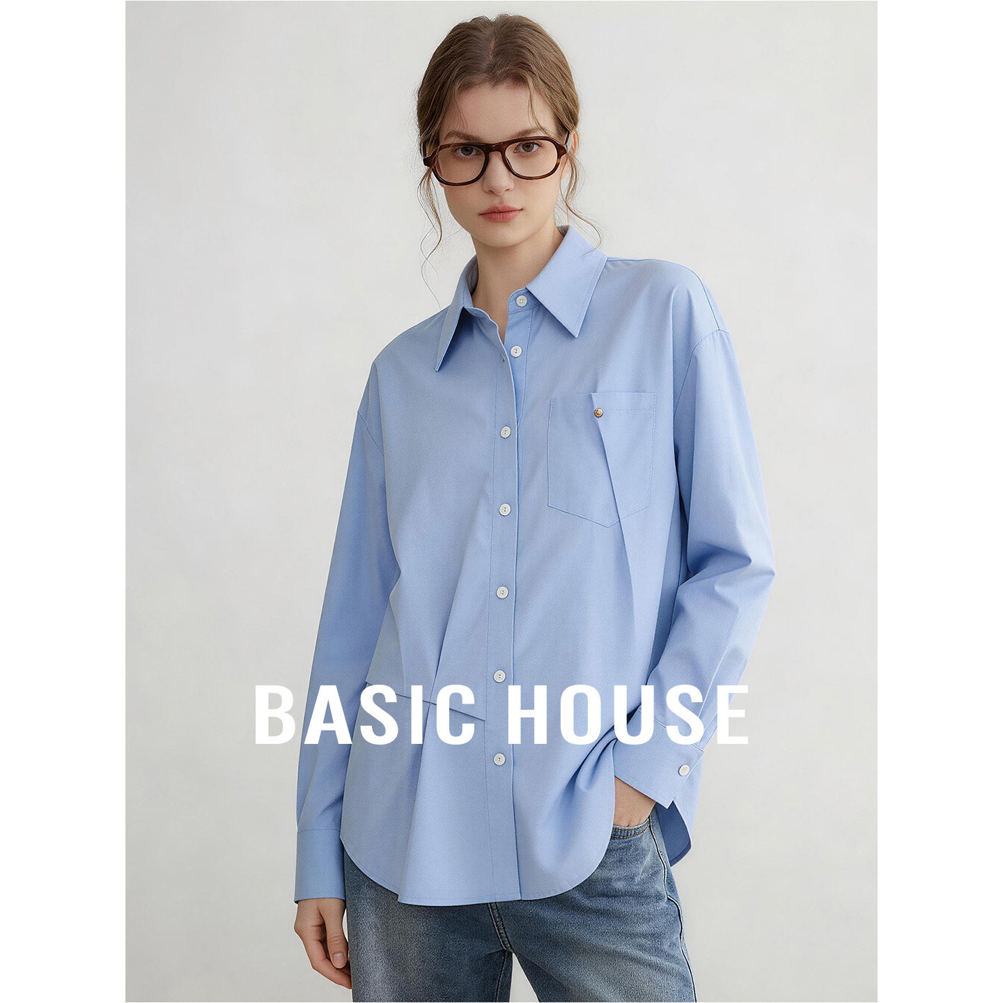 Basic House/百家好蓝色polo领捏褶设计衬衫女秋季棉质舒适上衣