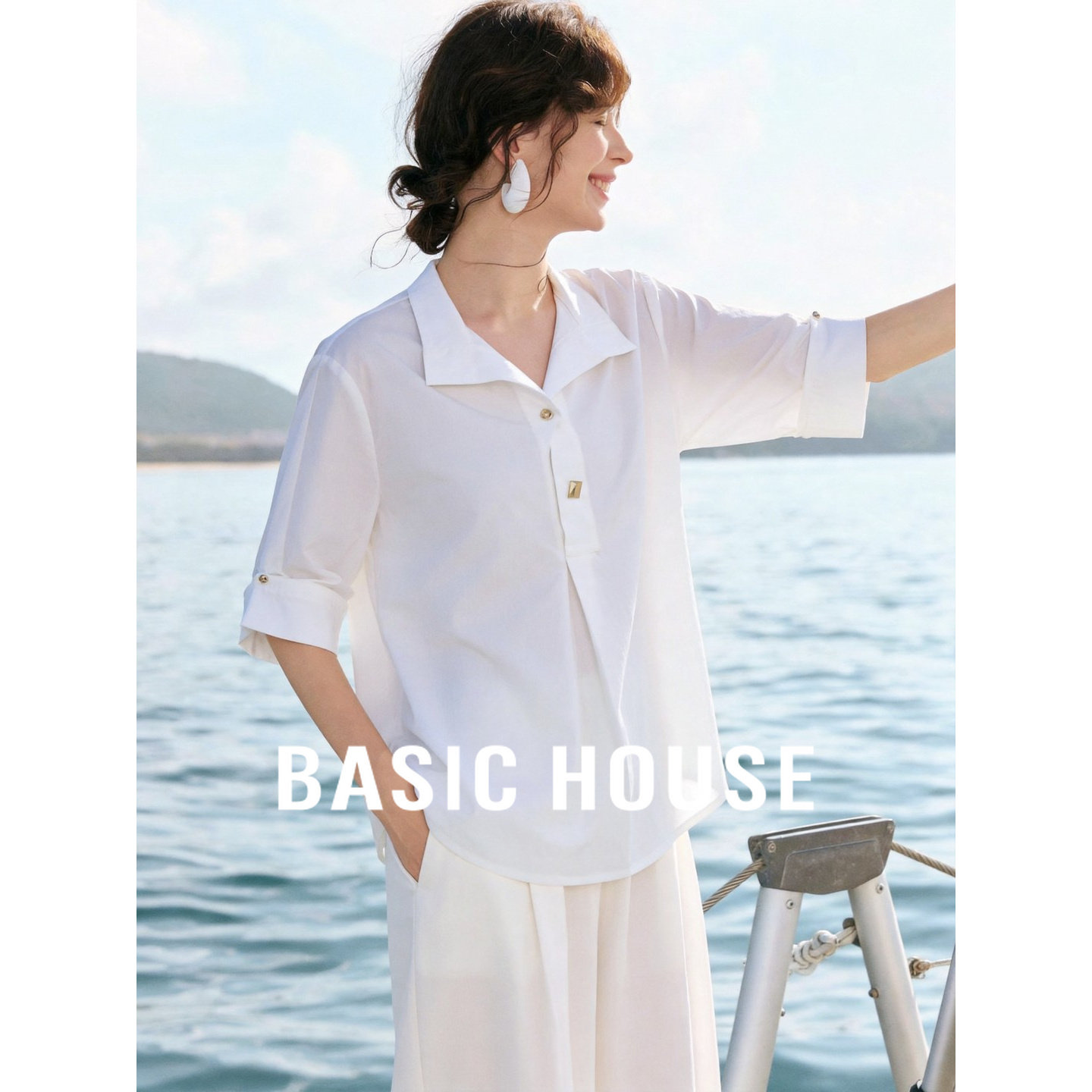 Basic House/百家好气质白色翻领衬衫女2026夏季半袖宽松衬衣开衫