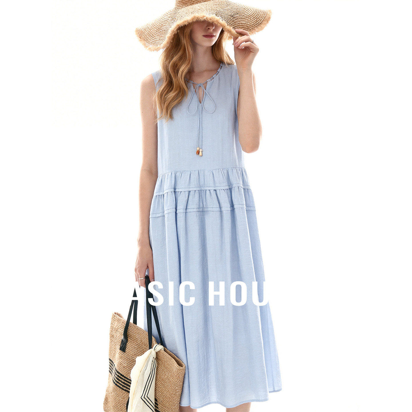 百家好慵懒风圆领镂空系带无袖连衣裙2026夏季百搭纯色中长款裙子