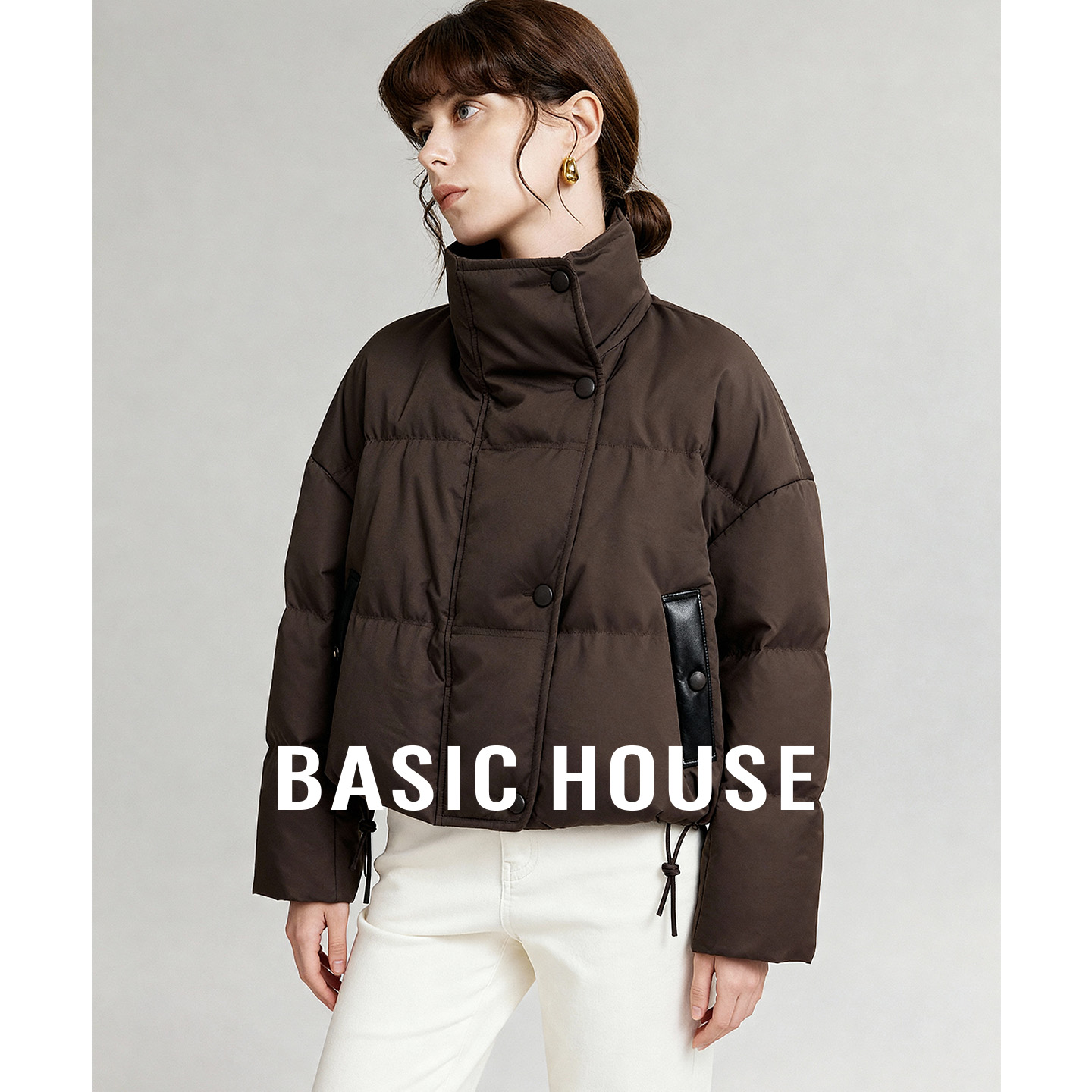 Basic House/百家好25冬季超好看短款羽绒服女白鸭绒保暖百搭外套