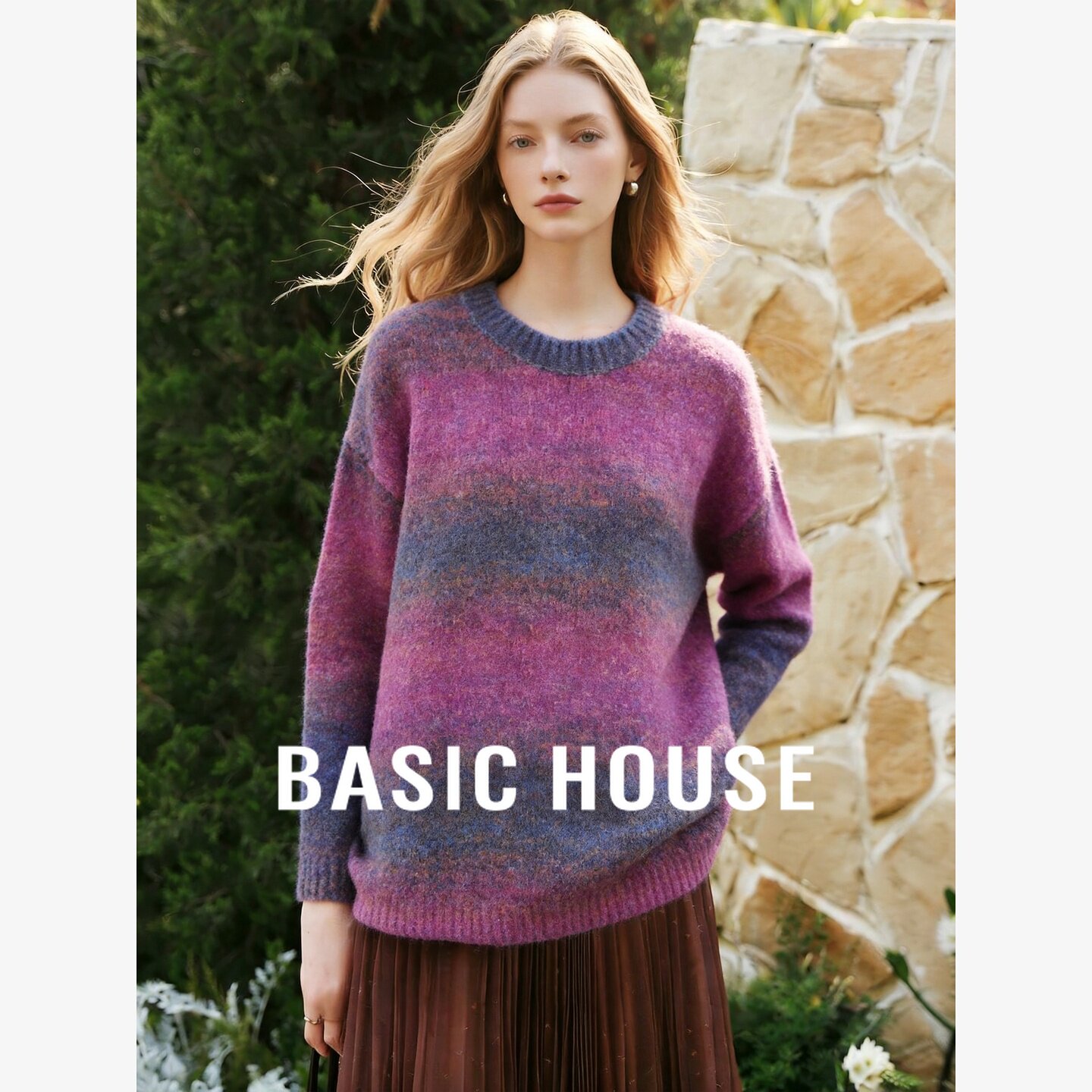 Basic House/百家好温柔慵懒渐变条纹毛衣女装圆领宽松百搭针织衫