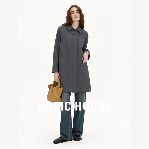 Basic House/百家好简约暗门襟翻领风衣中长款宽松直筒百搭外套女