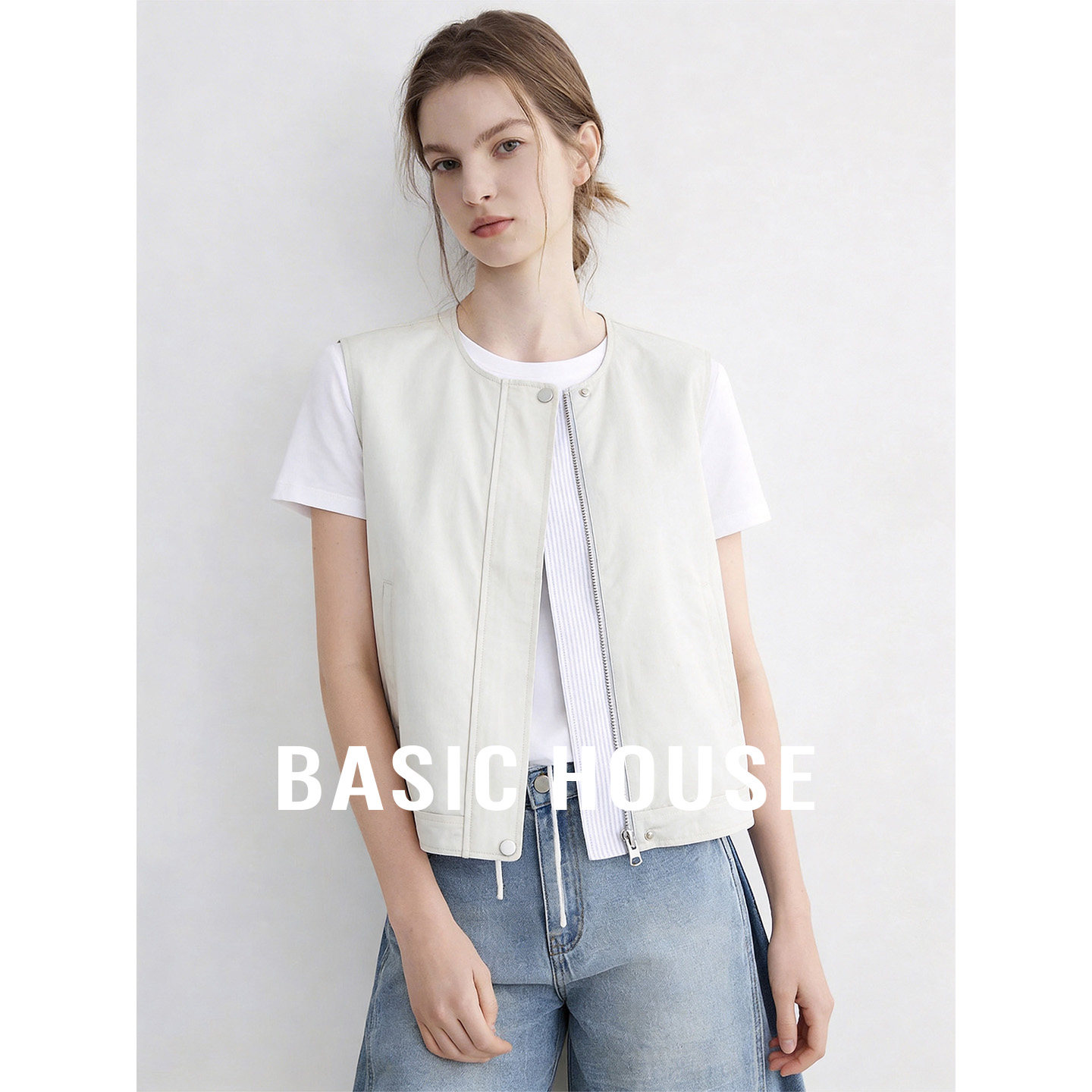 Basic House/百家好2026夏季新款双面穿撞色马甲短款叠穿外搭上衣