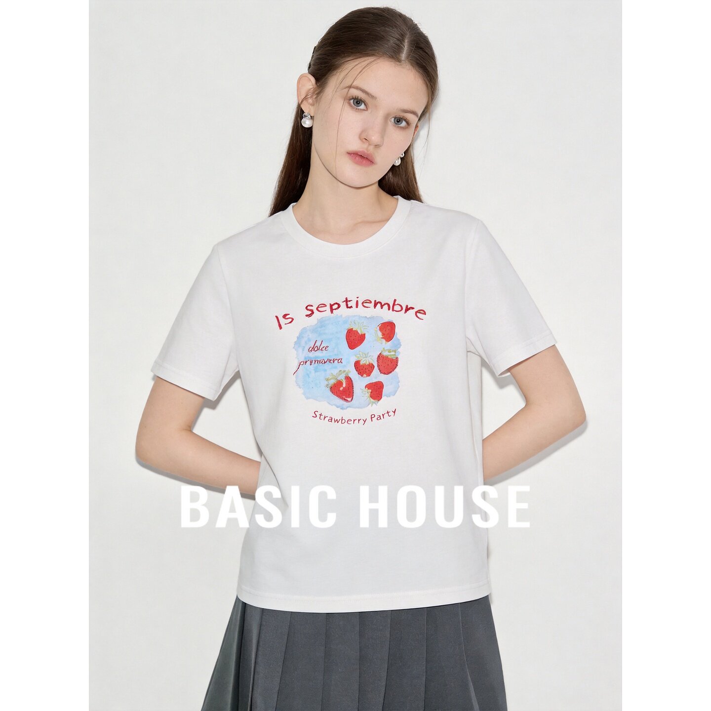 Basic House/百家好白色休闲简约印花小众设计超好看短袖T恤女夏
